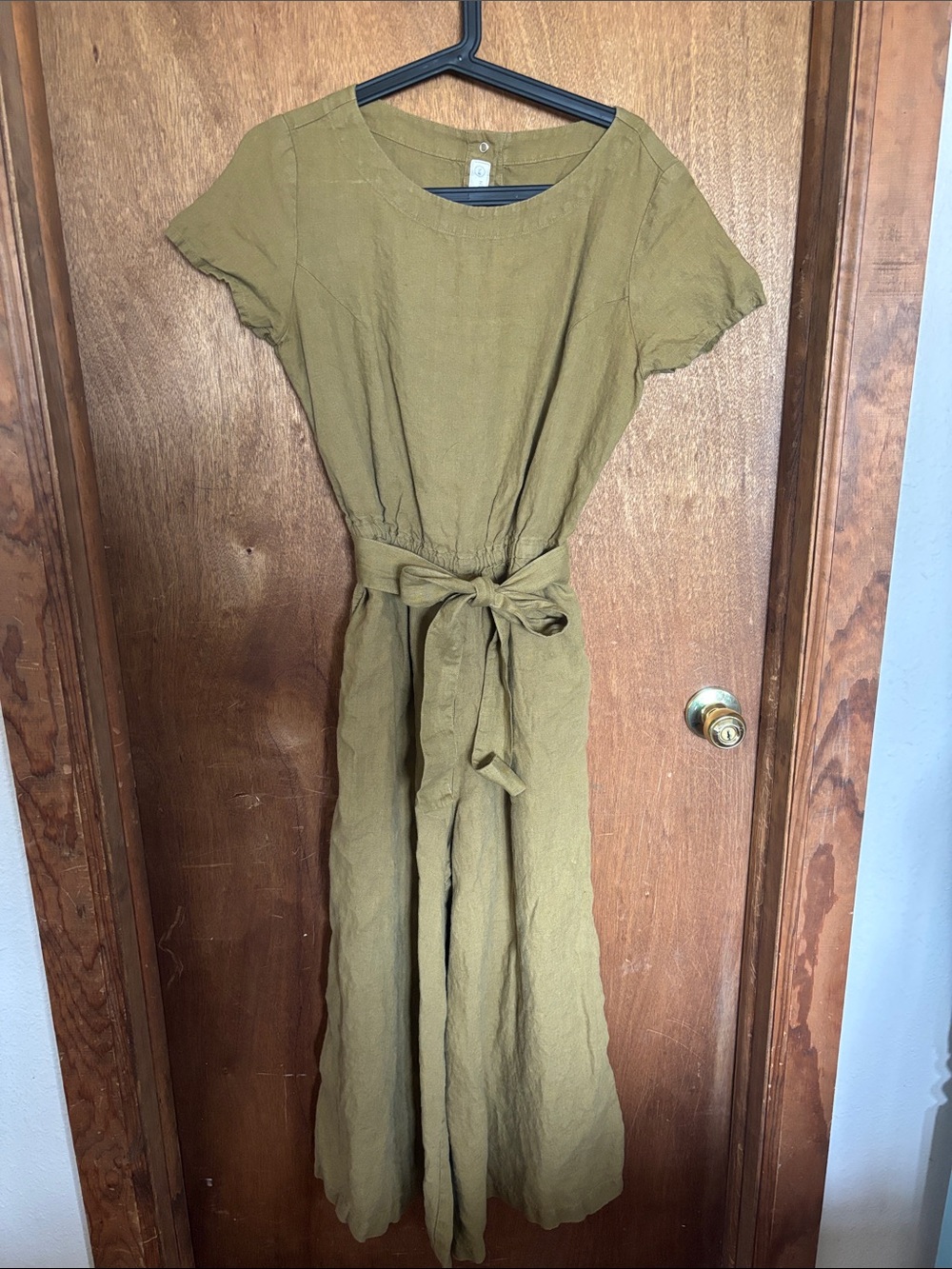 notPERFECTLINEN Women's Olive Green Tie-Waist Linen Junpsuit
